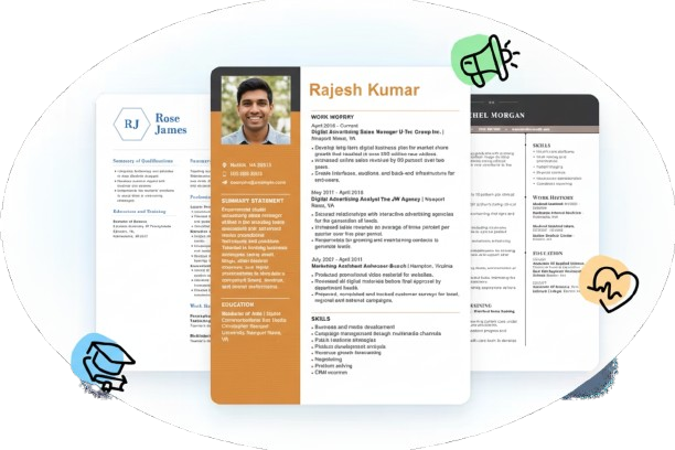 Three sample resume designs with different styles and colors